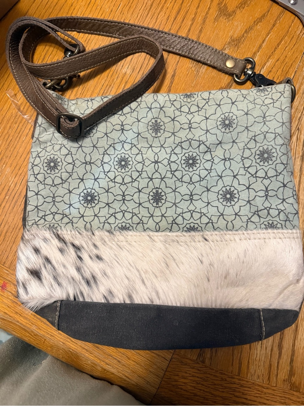 Myra Bag Mint Patterned Crossbody with Brown Strap and Speckled Haircalf